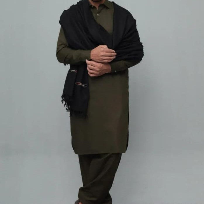 Men’s Luxury Winter Wool Shawl – Classic Black with Elegant Border